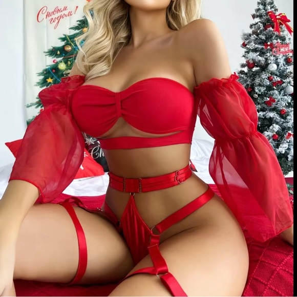 Red Mesh Transparent Puff Sleeve Garter Lingerie Set - Picture 3 of 6